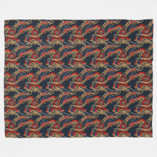 Rich Red, Navy, Gold Floral Scroll Fleece  Blanket