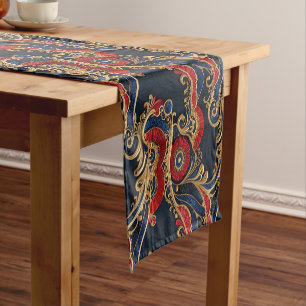 Rich Red, Navy, Gold Floral Scroll Short Table Runner