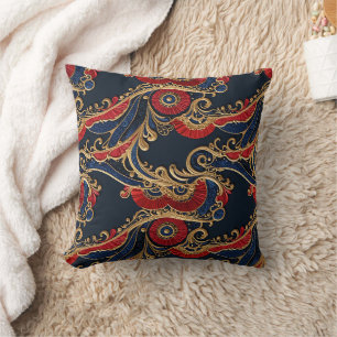 Rich Red, Navy, Gold Floral Scroll Throw Pillow