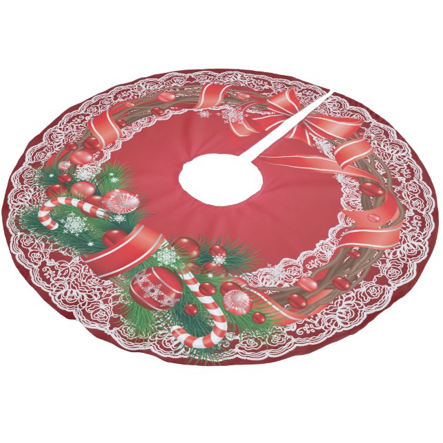 Rich Red Ombre Lace  with Christmas Wreath Brushed Polyester Tree Skirt (Angled)