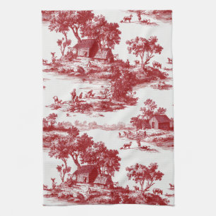 Rich Red Toile Heritage Countryside Pattern Kitchen Towel