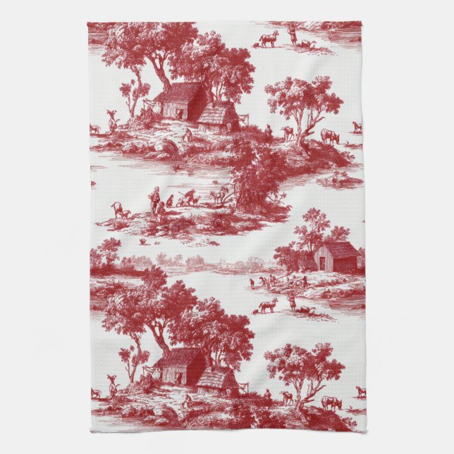 Rich Red Toile Heritage Countryside Pattern Kitchen Towel (Vertical)