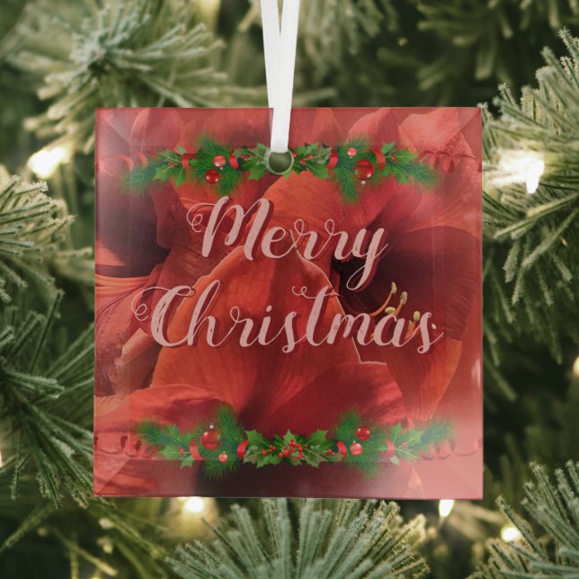  Rich Ruby Red Amaryllis "Merry Christmas" Glass Ornament (Insitu)