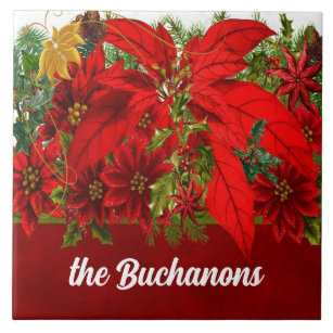 Rich Seasonal Hues with Red Poinsettias Tile