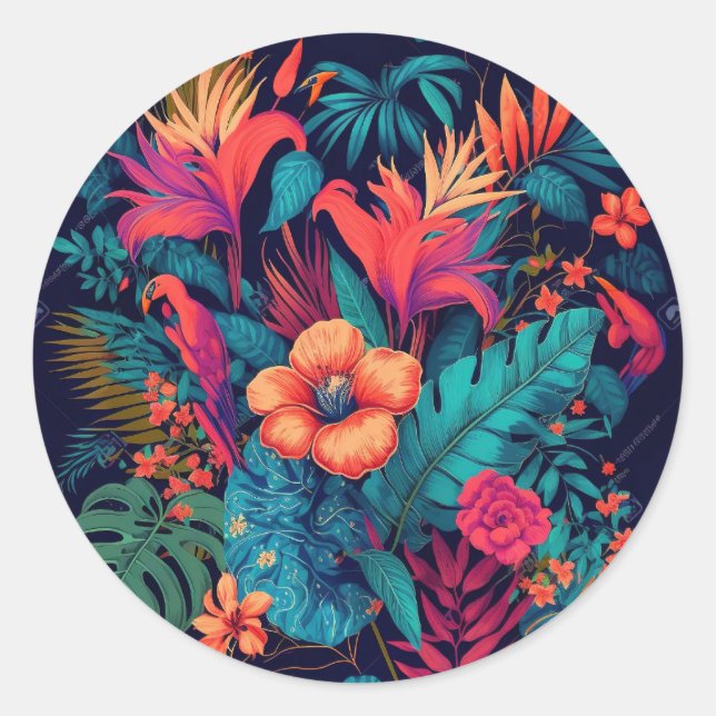 Rich Tropical Floral Pattern Classic Round Sticker (Front)
