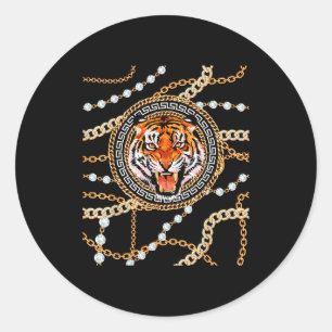 Rich Wild Tiger With Printed Gold Chains &amp; Dia Classic Round Sticker