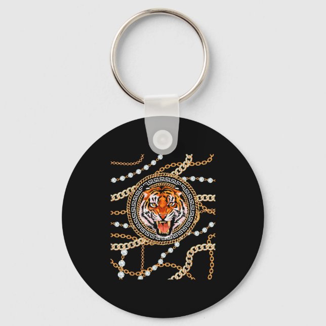 Rich Wild Tiger With Printed Gold Chains &amp; Dia Keychain (Front)