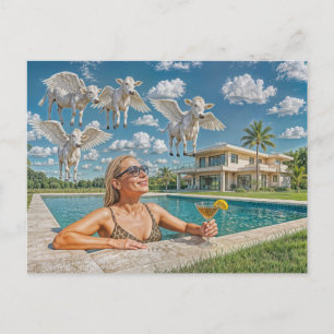 Rich Woman Watches Flying Cows from Pool Holiday Postcard