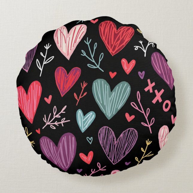 Riche Noir Jouer à la main des Coeurs Coussin rond (Dos)
