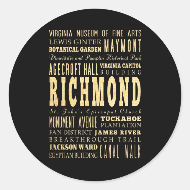 Richmond City if Virginia Typography Art Classic Round Sticker (Front)