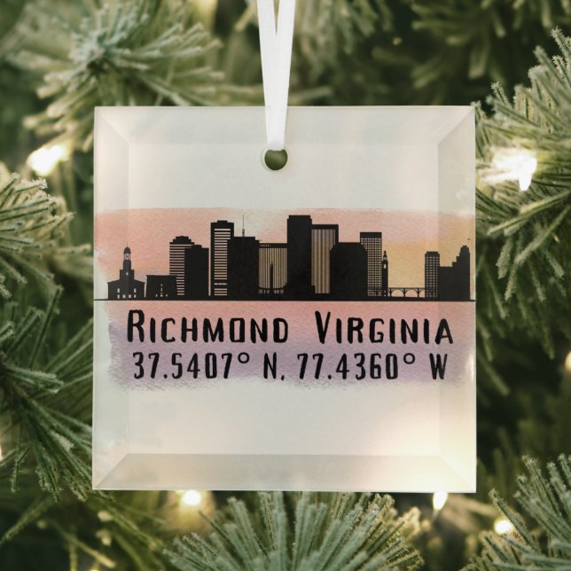 Richmond VA City Skyline Latitude and Longitude  Glass Ornament (Insitu)