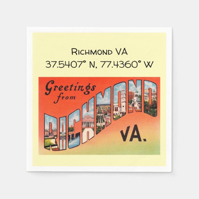 Richmond VA, Map Coordinates, Vintage Style Napkin (Front)