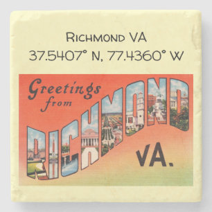 Richmond VA, Map Coordinates, Vintage Style Stone Coaster