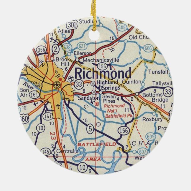 Richmond VA Vintage Map Ceramic Ornament (Back)