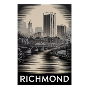 Richmond Virginia Skyline Black White Woodcut Poster