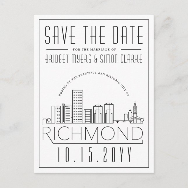 Richmond Wedding | Stylized Skyline Save the Date  Postcard (Front)