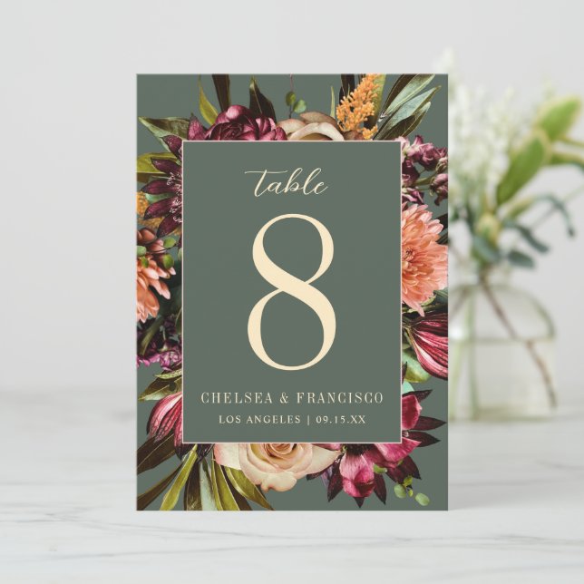 Richness of Spring Green Floral Table Number (Standing Front)