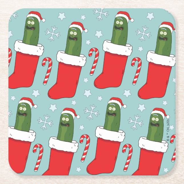 Rick and Morty | Christmas Pickle Rick Pattern Square Paper Coaster (Front)