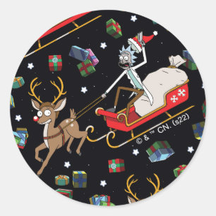 Rick and Morty   Christmas Reindeer Sleigh Pattern Classic Round Sticker