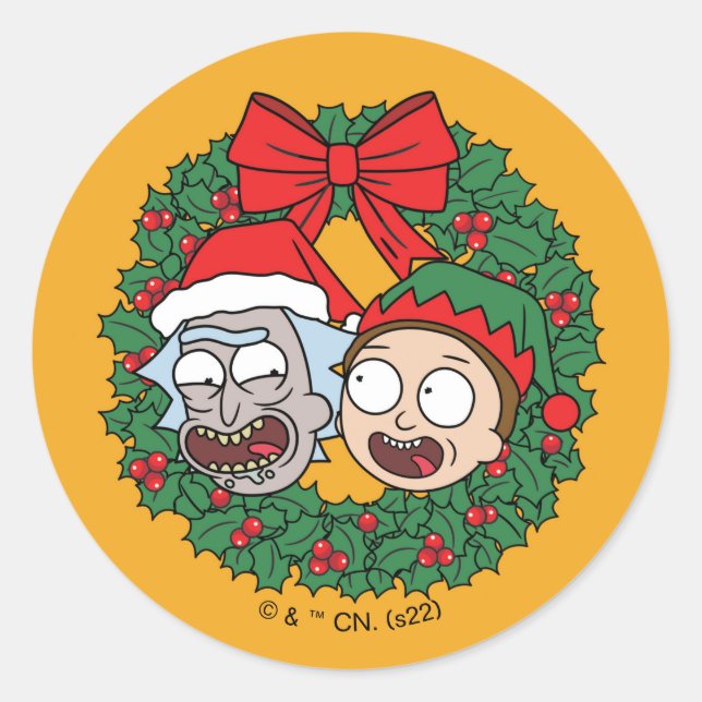 Rick and Morty | Holiday Wreath Pattern Classic Round Sticker (Front)