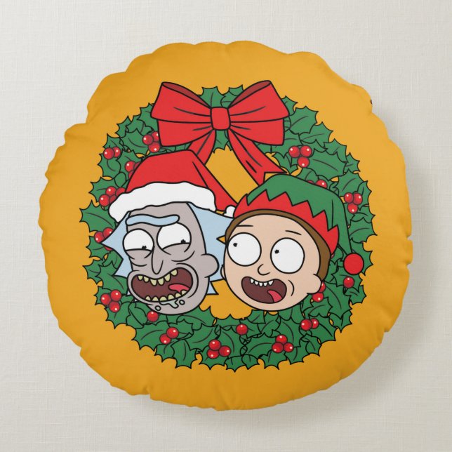 Rick and Morty | Holiday Wreath Pattern Round Pillow (Front)