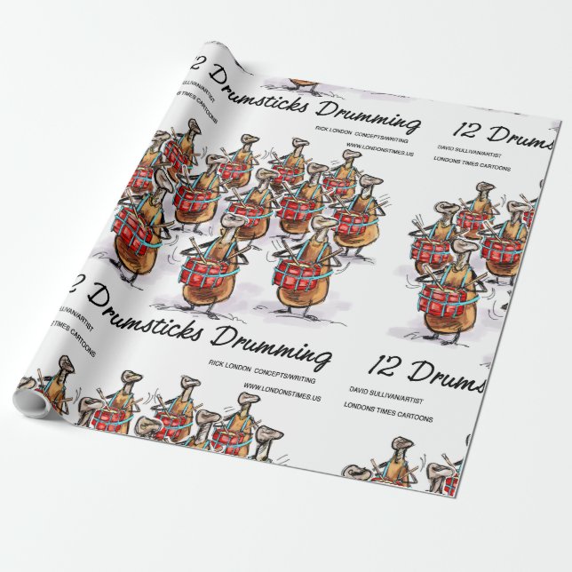 Rick London "12 Drumsticks Drumming" Christmas Wrapping Paper (Unrolled)