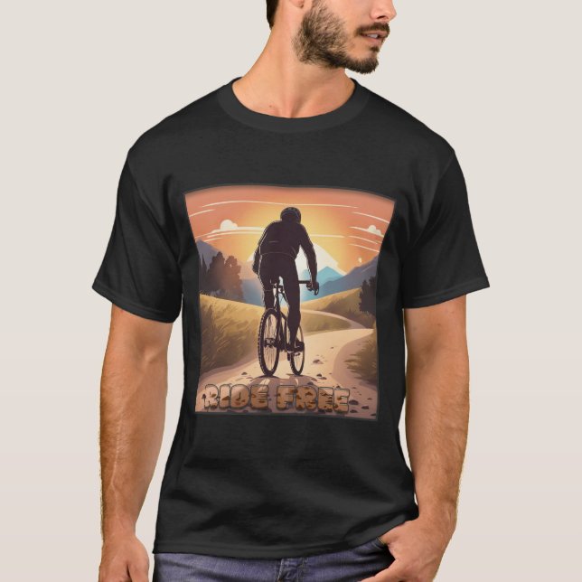 "Ride Free" Bike Rider into the Sunset Design T-Shirt (Front)