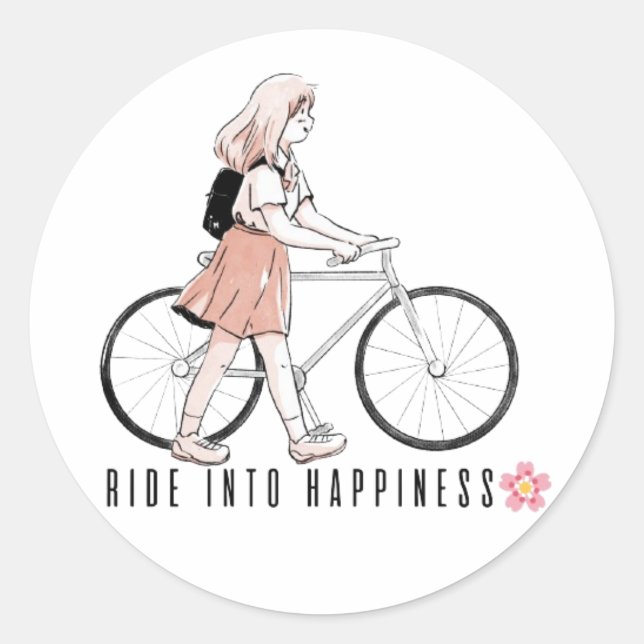 Ride into happiness, Anime girl riding a bike stic Classic Round Sticker (Front)