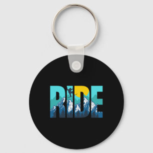 Ride Mountain Snowboarding Slopes Sunset Graphic Keychain