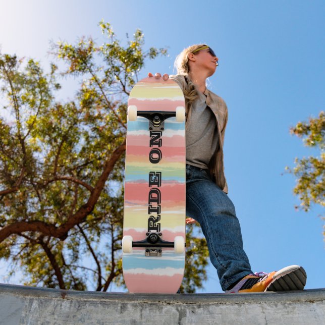 Ride On Blue Pink Yellow Watercolor Stripes Skateboard (Outdoor 1)