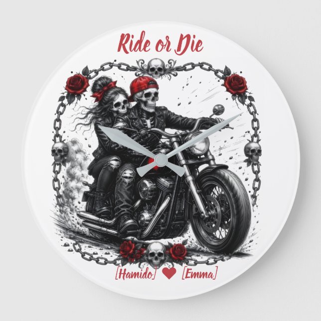 Ride or Die Personalized Skeleton Couple Large Clock (Front)