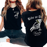 Ride Or Die Til Death Do We Party Bachelorette T-Shirt<br><div class="desc">Add a touch of gothic flair to your bachelorette party with our Personalized "Ride Or Die" Shirt, perfect for a "Til Death Do We Party" theme. These shirts are designed to blend dark elegance with playful fun, featuring a striking skeleton bride graphic and the cheeky "til death do us party"...</div>