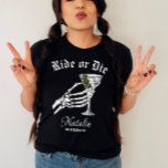 Ride Or Die Til Death Do We Party Bachelorette T-Shirt<br><div class="desc">Get ready to party with a touch of gothic flair with our Personalized "Ride Or Die" Shirt, designed for a "Til Death Do We Party" bachelorette celebration. This shirt is the perfect choice for a gothic wedding bachelorette party, featuring a bold skeleton bride graphic and the playful "til death do...</div>