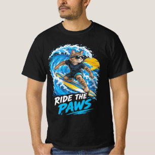 Ride The Paws Funny Cool Surfer Cat Surfboard T-Shirt