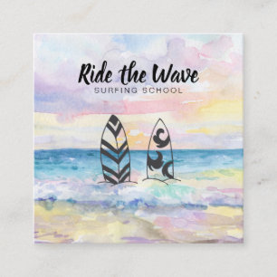 *~* Ride the Wave Beach Ocean Surfing School Square Business Card