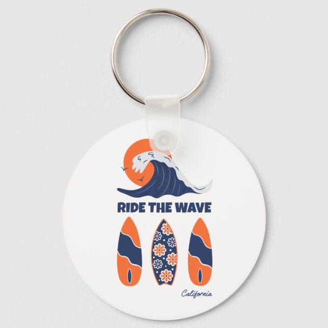 Ride the Wave Surfboards Bold Retro Surf Art Keychain (Front)