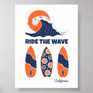 Ride the Wave Surfboards Bold Retro Surf Art Poster
