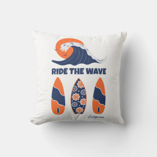 Ride the Wave Surfboards Bold Retro Surf Art Throw Pillow