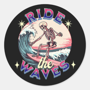 Ride the waves skeleton surfing classic round sticker