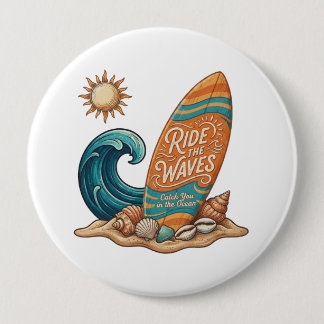 Ride the Waves Surfboard Illustration - Tropical B 4 Inch Round Button