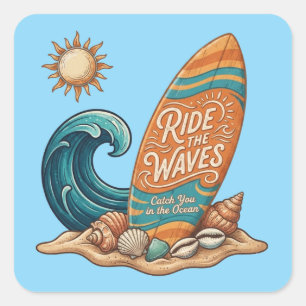 Ride the Waves" Surfing Summer Square Sticker
