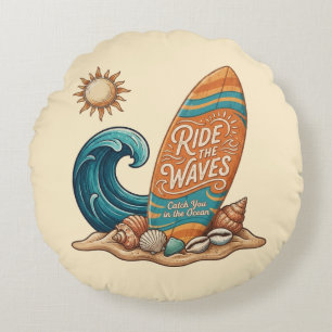 Ride The Waves - Vintage Surfing Round Decorative Pillow