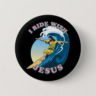 Ride With Jesus Surfing Jesus Illustration 2 Inch Round Button