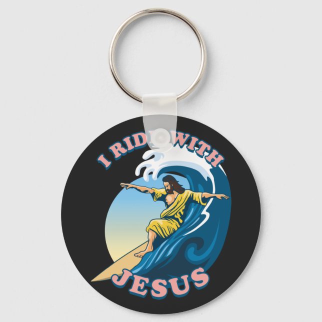  Ride With Jesus | Surfing Jesus Illustration Keychain (Front)