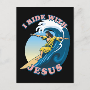 Ride With Jesus   Surfing Jesus Illustration Postcard