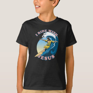Ride With Jesus Surfing Jesus Illustration T-Shirt