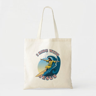 Ride With Jesus Surfing Jesus Illustration Tote Bag