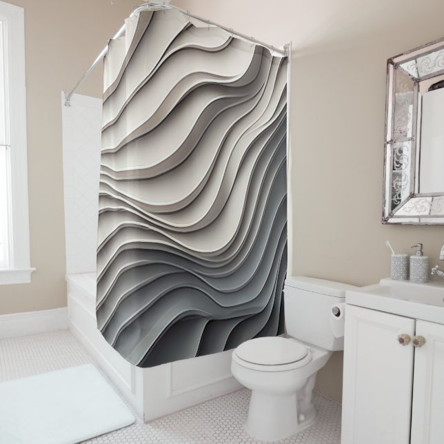 Rideau de douche 3D beige et gris - Salle de bain  (En situation)