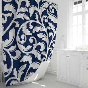 Rideau de douche à fleurs en Damas bleu marine