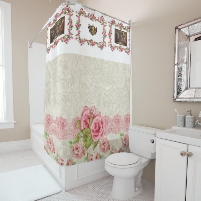 rideau de douche à fleurs rose victorien (En situation)